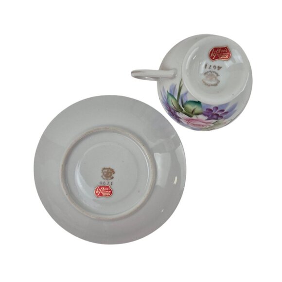 Lefton Teacup Saucer Set Japan Hand Painted Floral 4671 Gold Trim Vintage - Picture 9 of 10